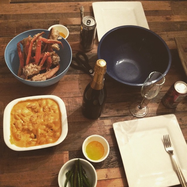 Crab legs, mac and cheese, and bubbles! #crablegs #macandcheese #bubbles